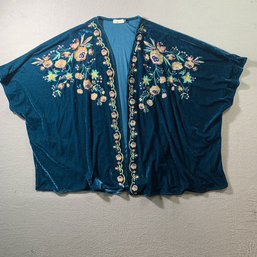 Morgan Claire Teal Velvet Floral Embroidered Kimono Oversize S/M Boho Festival